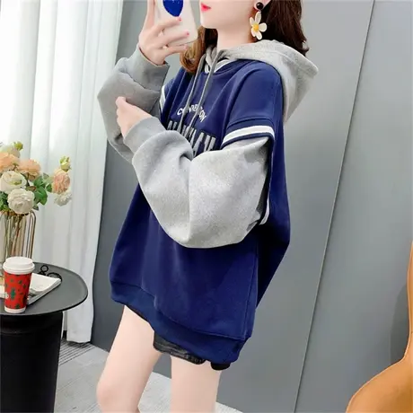学院风假两件连帽卫衣外套女2022年新款秋冬宽松加绒加厚减龄上衣商品大图