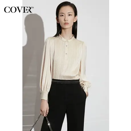 COVER春季条纹缎面丝光立领衬衫图片