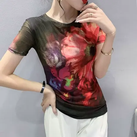 洋气网纱上衣女短袖2024夏季新款欧货圆领打底衫时尚印花T恤半袖商品大图