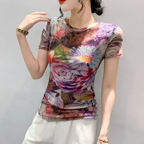复古印花短袖T恤女夏装2024新款洋气修身网纱小衫性感圆领上衣潮商品大图
