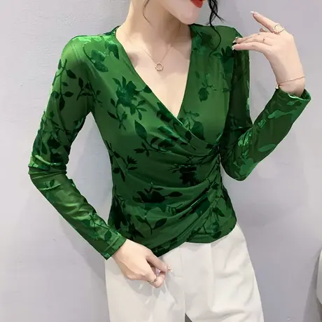 性感交叉V领打底衫女长袖春秋气质设计感印花上衣修身显瘦网纱T恤图片