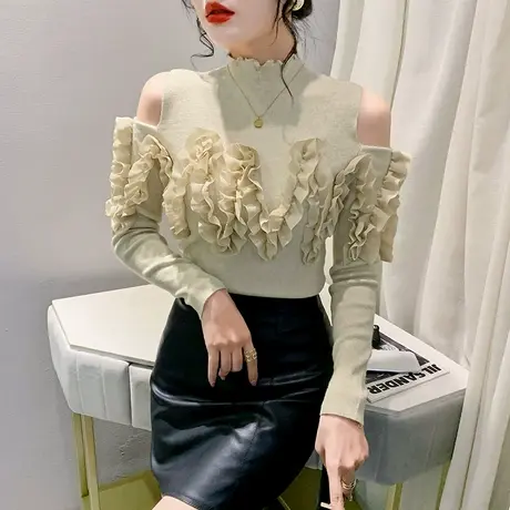 半高领套头针织衫长袖性感露肩木耳边毛衣洋气修身内搭加厚打底衫图片