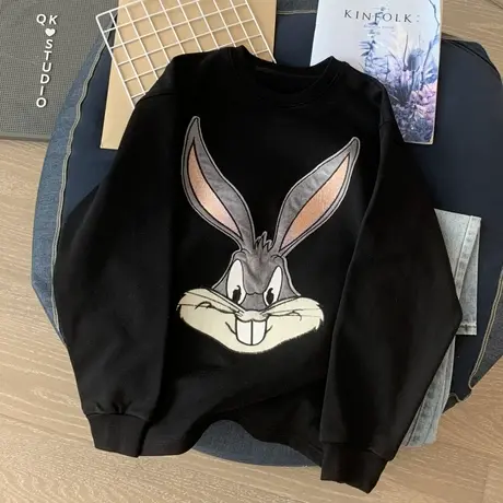 2023春秋新款上衣设计感小众卫衣女纯黑色刺绣大兔子卫衣女慵懒风商品大图