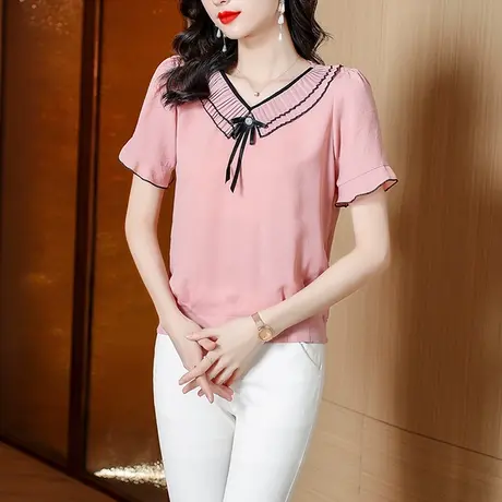 2023夏季新款短袖雪纺衬衫女上衣时尚小衫宽松V领飘带气质女衣服图片