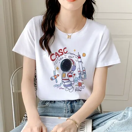 正肩纯棉短袖t恤女夏季2023年新款宽松白色体恤显瘦半袖上衣ins潮商品大图