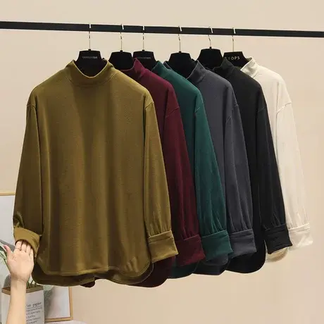 欧洲站2023冬季欧货立领灯笼袖设计纯色宽松大版德绒T恤打底衫潮图片