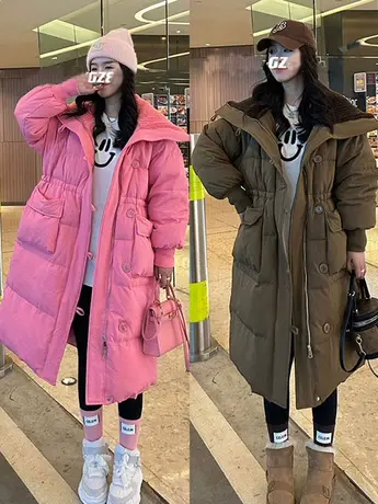 学院风大翻领中长款过膝羽绒棉服女2023冬季新款韩版宽松收腰外套图片