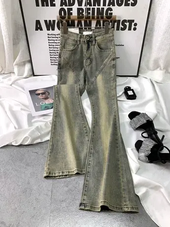 韩版水系磨白牛仔喇叭裤女2023秋季新款显瘦百搭高腰弹力马蹄长裤商品大图