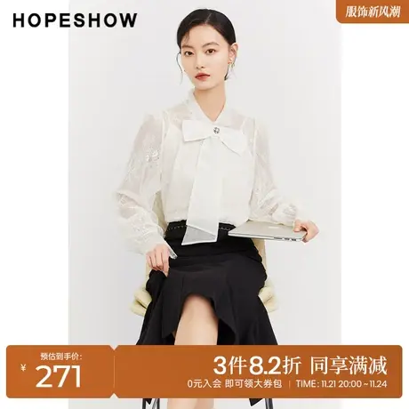 红袖outlets蝴蝶结套头上衣hopeshow2023冬新款蕾丝边翻领雪纺衫图片
