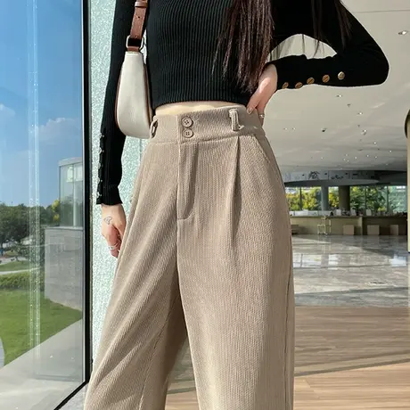 卡其雪尼尔阔腿裤女秋冬新款小个子高腰休闲垂感灯芯绒直筒西装裤图片