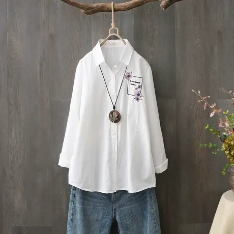 纯棉白衬衫女春秋新款秋季新品短款双袖刺绣宽松衬衣学生百搭上衣商品大图