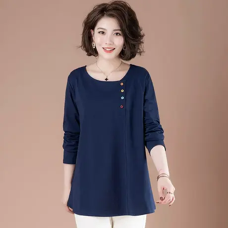 春季加大码宽松全棉中长款中老年妈妈装遮肚打底衫圆领长袖T恤女商品大图