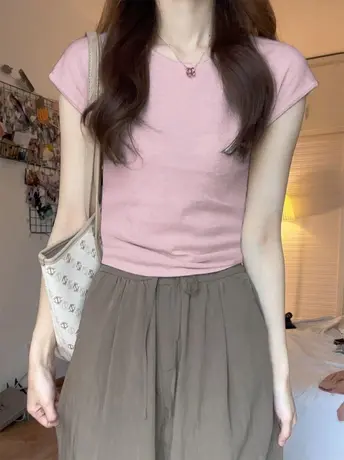 纯棉正肩短袖T恤女夏休闲百搭上衣ins潮体恤修身显瘦基础款打底衫图片