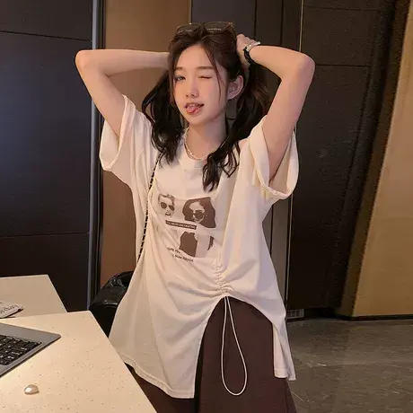 大码女装纯欲风方领T恤夏季新款显瘦修身不规则短袖胖mm打底上衣图片