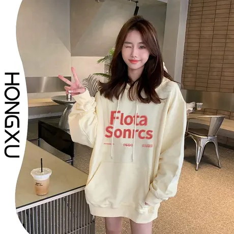 红续韩版新款秋冬连帽卫衣女2023学院风印花上衣加厚加绒百搭显瘦图片