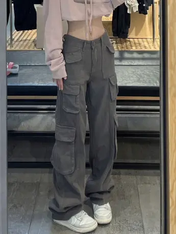 美式复古多口袋工装牛仔裤女vibe高街hiphop嘻哈宽松阔腿休闲裤子图片