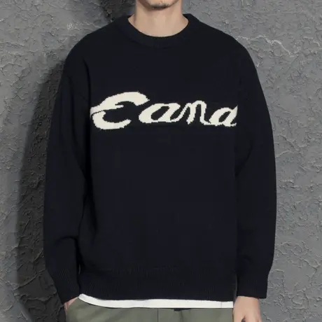 奕飏潮牌秋冬字母提花圆领加厚毛衣男内搭打底衫情侣款宽松针织衫商品大图