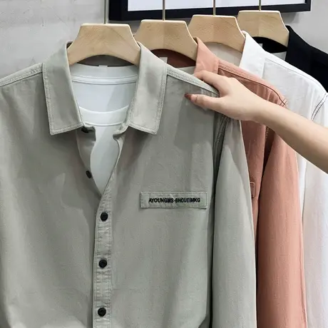 美式长袖衬衫男秋季宽松日系休闲纯棉寸衫纯色白色翻领衬衣男外套商品大图