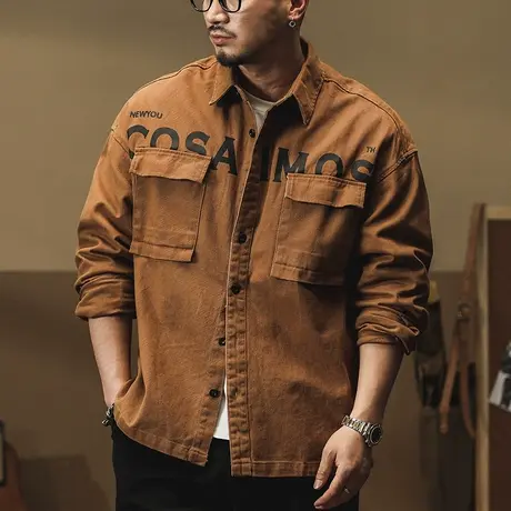 时尚潮流男士工装衬衫外套大码休闲百搭宽松翻领户外青春四季纯色商品大图