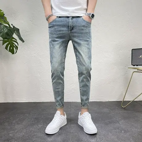 牛仔裤男新款时尚流行九分牛仔裤蓝色猫须做旧修身小脚铅笔裤男裤商品大图