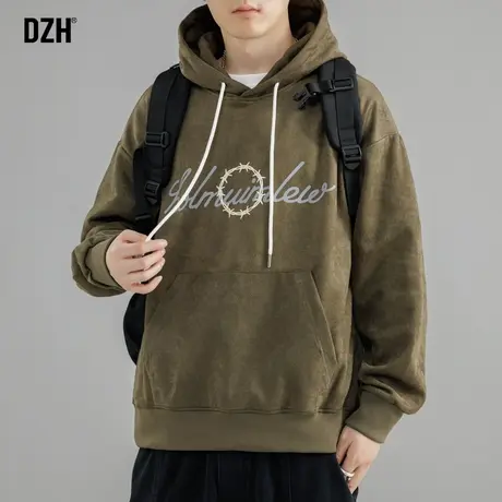 男士军绿色卫衣男鹿皮绒连帽情侣外套2024新款宽松舒适通勤风上衣商品大图