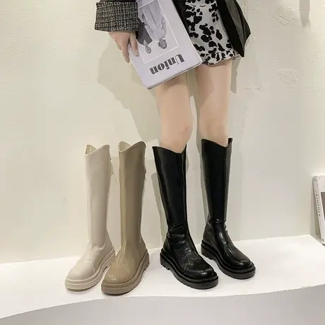 长靴女2023年秋冬新款粗跟时尚长筒显瘦百搭复古V口高筒骑士靴潮商品大图