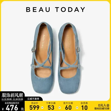 BeauToday方头凉鞋女夏季2024新款BT高跟鞋女绒面玛丽珍粗跟凉鞋商品大图