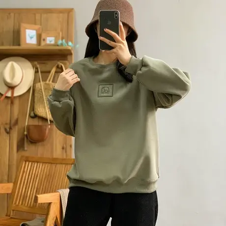 dza 复古宽松圆领套头加绒卫衣女2023冬季新款宽松显瘦休闲短上衣图片