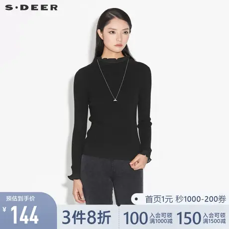 sdeer圣迪奥秋季新品木耳边圆领长袖毛衣针织衫女S21363518🙇商品大图