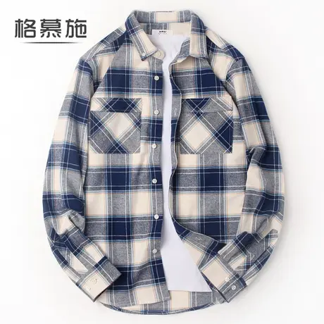 格慕施长袖衬衫男秋冬季纯棉法兰绒休闲格子大码磨毛保暖衬衣外套图片