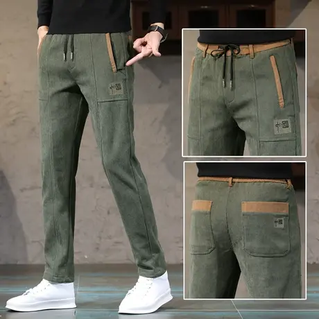 男士秋冬款灯芯绒休闲裤男款修身直筒加绒裤子潮流男弹力拼接刺绣商品大图