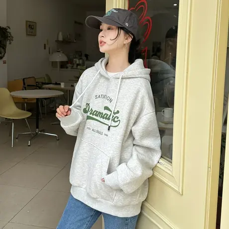 唐狮秋季女连帽长袖卫衣灰色设计感新款慵懒风上衣美式ins潮图片