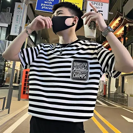 夏季短袖t恤男潮流条纹休闲ins潮男宽松半袖上衣半截袖潮牌体恤商品大图