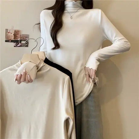 德绒半高领打底衫女内搭秋冬加绒加厚修身长袖T恤木耳边上衣潮ins图片