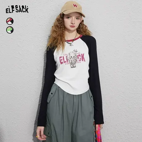 妖精的口袋长袖修身t恤女2023秋季新款小个子插肩袖短款bm风上衣商品大图