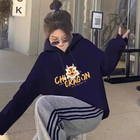 慵懒风小众黑色连帽卫衣女设计感oversize新款宽松瘦身显白上衣潮商品大图