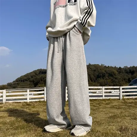 裤子男春秋季新款卫裤潮流宽松直筒运动裤长裤阔腿纯色拖地休闲裤商品大图