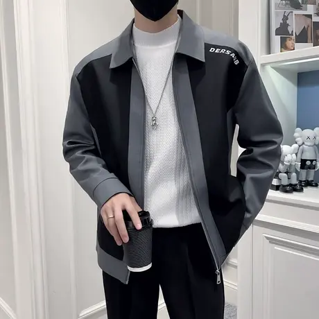 拼色高级感男士外套秋冬2023新款小众复古痞帅翻领机车夹克上衣潮商品大图