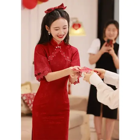 旗袍敬酒服新娘女夏季小个子高级感中式年轻款改良订婚礼服连衣裙图片