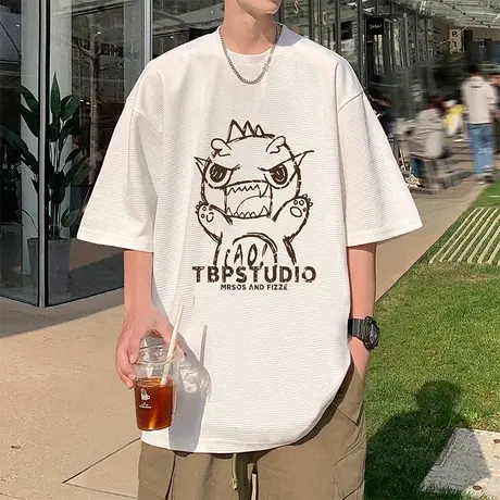 咆哮小恐龙夏季短袖T恤男ins潮牌港风打底重磅白色半袖宽松体恤衫商品大图