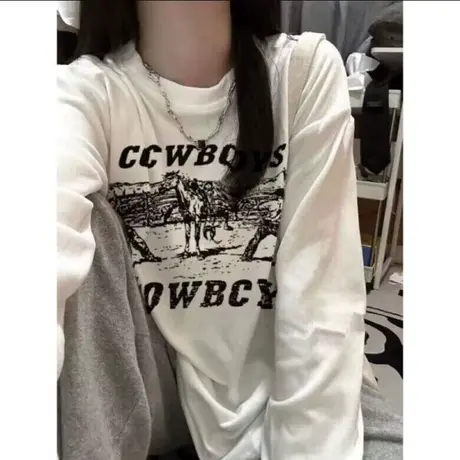 网红ins潮牌纯棉长袖T恤女春装宽松内搭韩版打底衫上衣2024新款图片