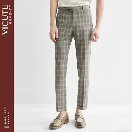 VICUTU/威可多男士套装西裤100%羊毛咖色格纹休闲西服裤图片