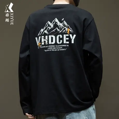 希越美式长袖T恤男2024春季款休闲百搭黑色上衣宽松大码男士体恤商品大图