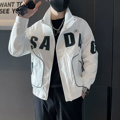 工装夹克男春季韩版痞帅设计感撞色字母上衣ins潮牌立领休闲外套图片