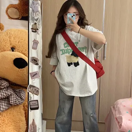 灰色短袖t恤女夏季2023新款宽松圆领美式复古潮oversize半袖上衣商品大图