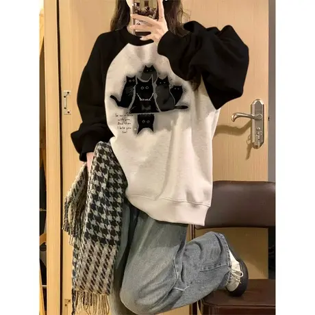 美式复古猫咪印花插肩袖卫衣女潮牌春秋冬薄款宽松慵懒风上衣外套图片