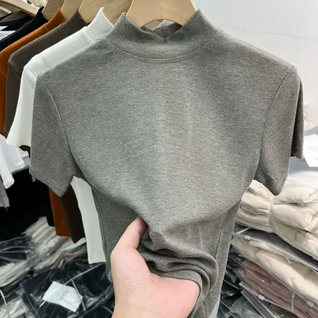 气质半高领圆领螺纹短袖T恤女2024早春装新款修身内搭打底衫上衣商品大图