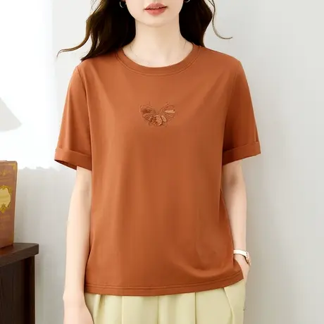 圆领短袖t恤女纯棉夏装2024年新款精致时尚中年妈妈刺绣上衣体恤图片