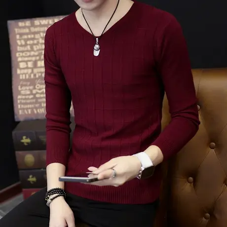 秋冬新款男纯色格子V领毛衣韩版修身长袖针织衫打底衫薄款潮流男图片