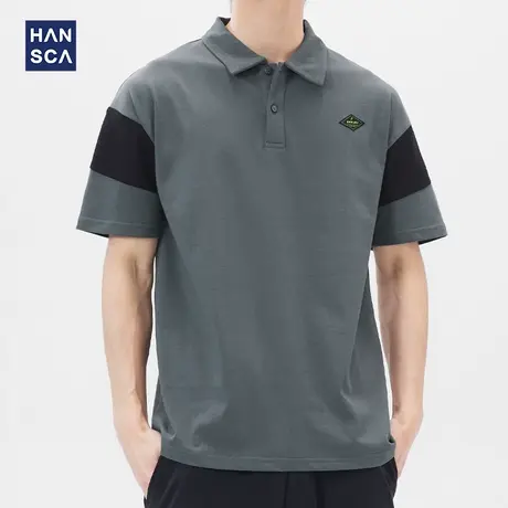 汉斯卡潮牌宽松polo衫男短袖纯棉夏季翻领撞色潮流拼接休闲保罗衫商品大图